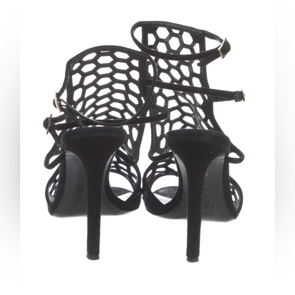 Tamara Mellon black suede laser cut mesh heeled sandals size 38 - Picture 3 of 11